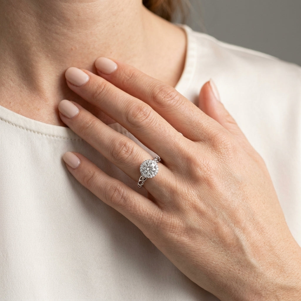 Vintage Filigree Halo Engagement Rings - worn lifestyle photo