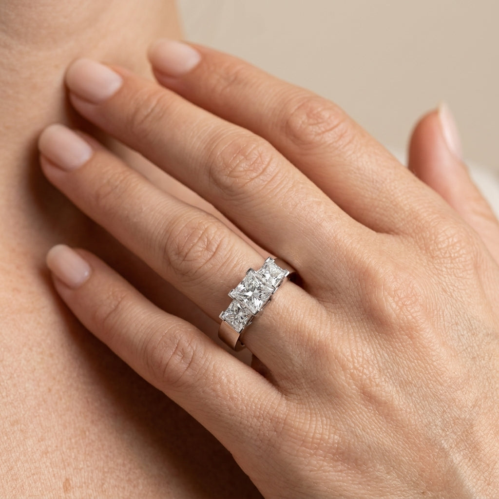 3-Stone Princess Cut Engagement Ring - worn lifestyle photo