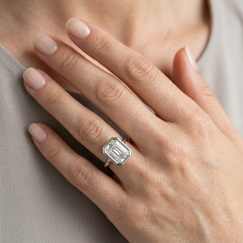 Solitaire Bezel Set Engagement Ring - worn lifestyle photo