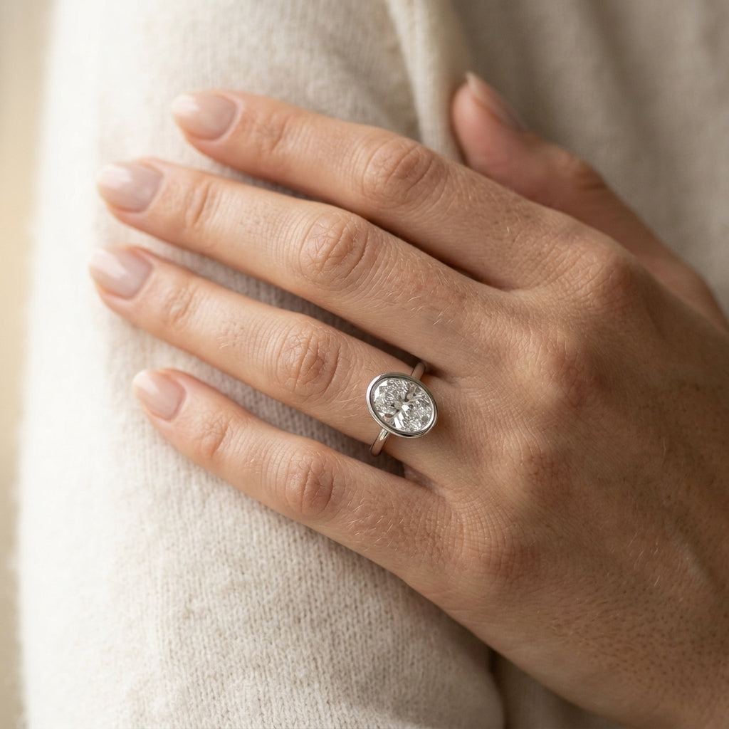 Solitaire Bezel Set Engagement Ring - worn lifestyle photo