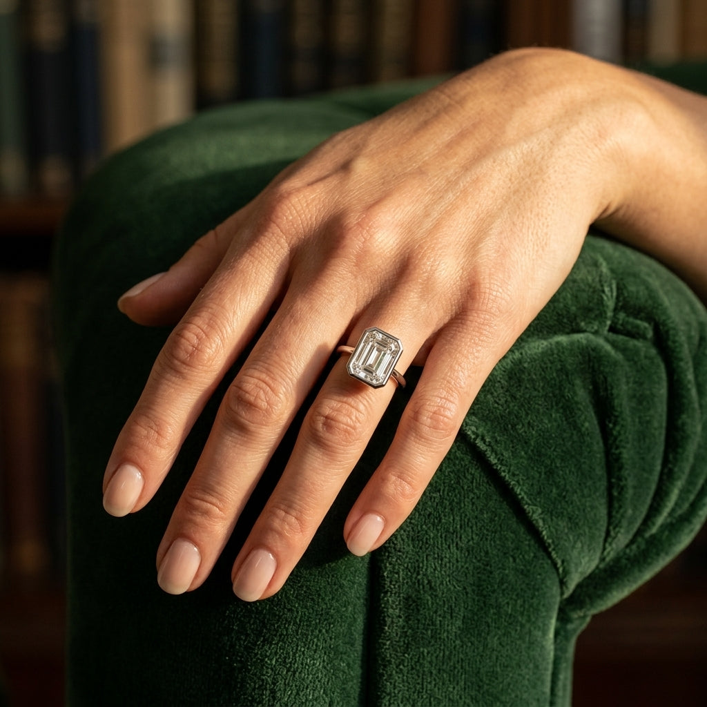 Solitaire Bezel Set Engagement Ring - worn lifestyle photo
