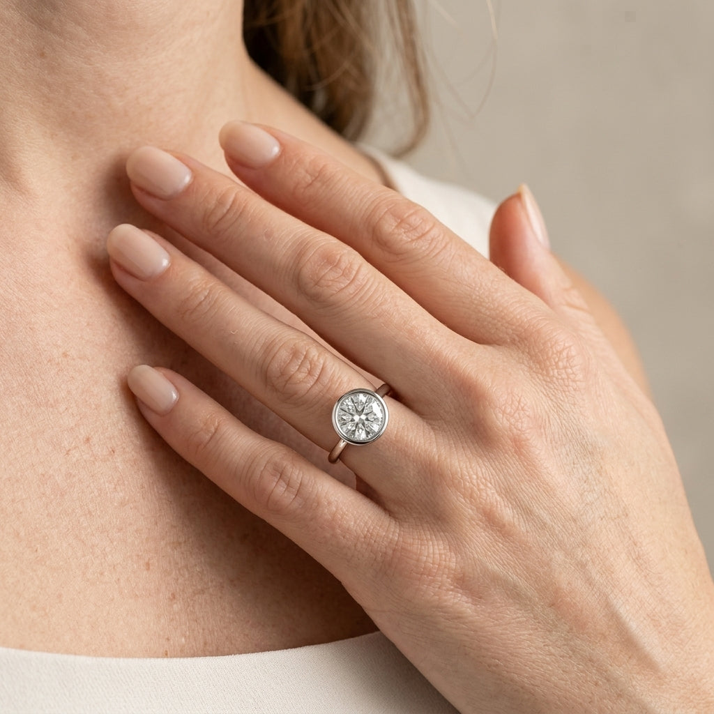 Solitaire Bezel Set Engagement Ring - worn lifestyle photo