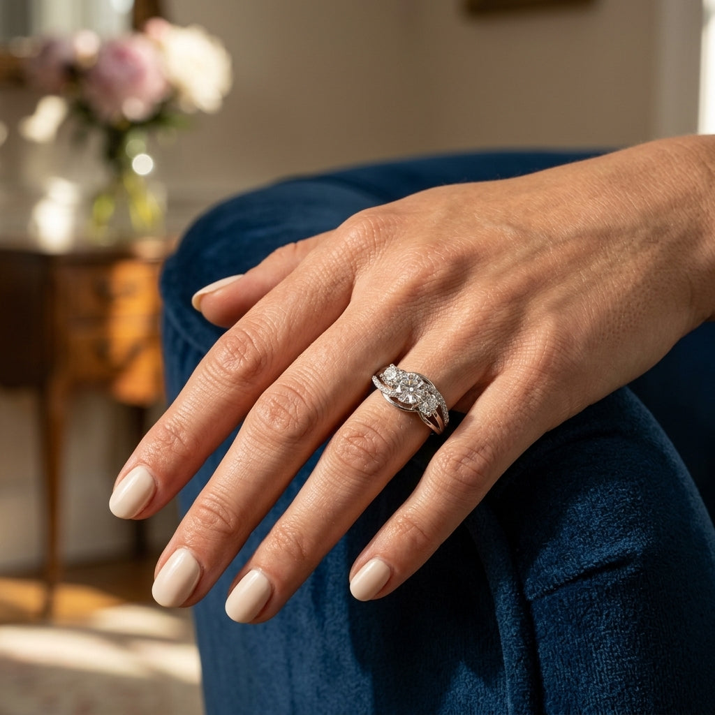 3-Stone Swirl Prong Set Engagement Ring - worn lifestyle photo