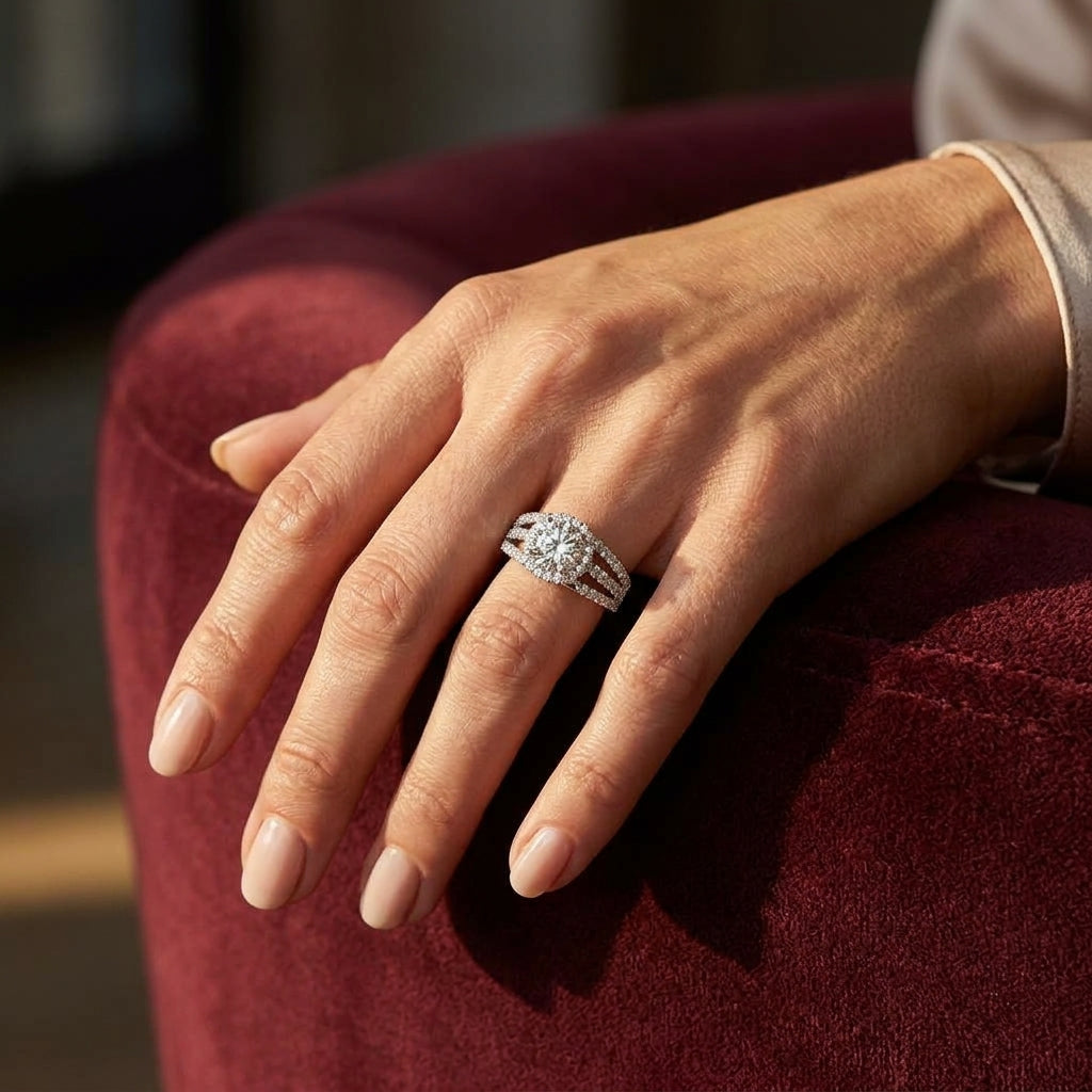 Multirow Split Shank Halo Engagement Ring - worn lifestyle photo