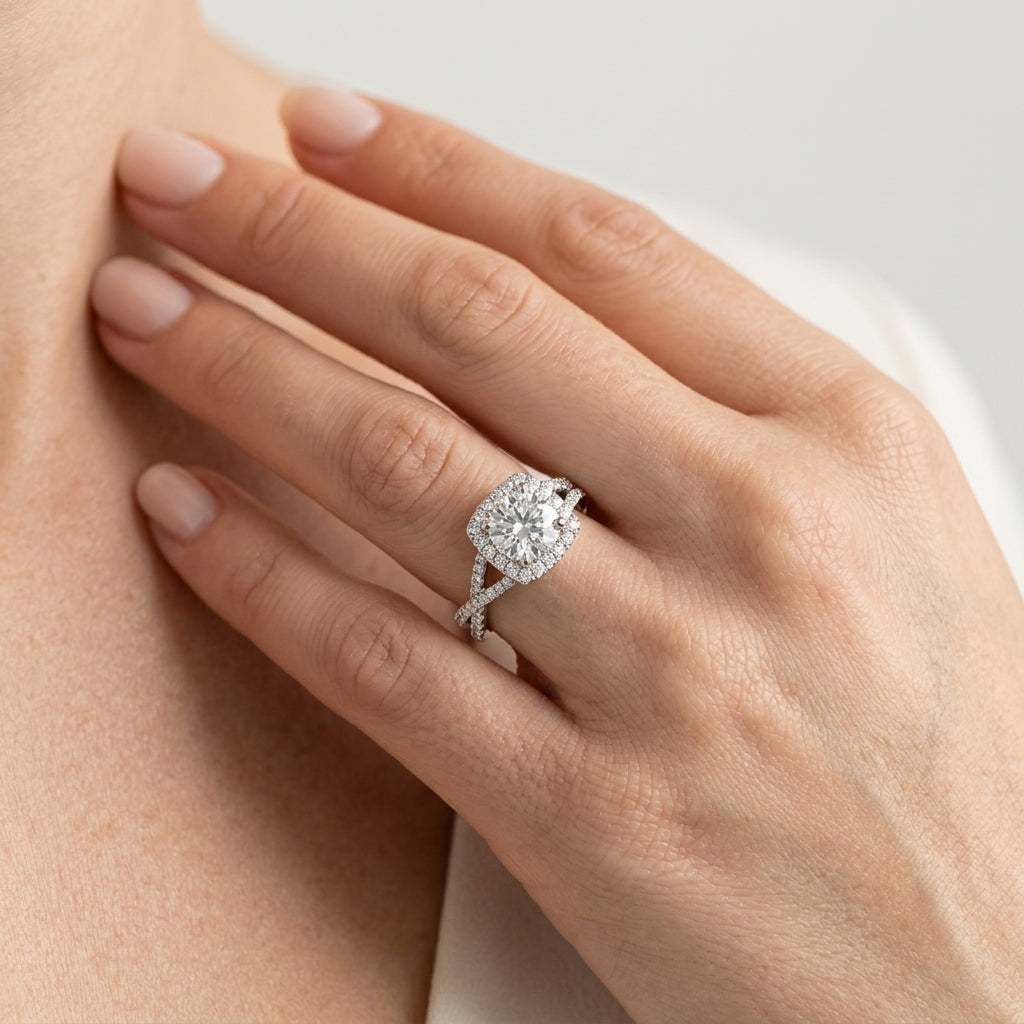 Multirow Twisted Shank Cushion Halo Engagement Ring - worn lifestyle photo