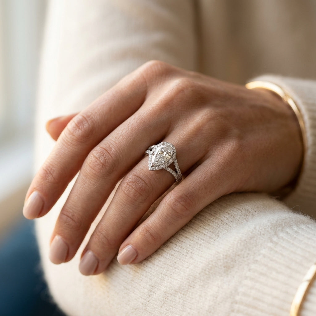 Split Shank Pear Halo Engagement Ring - worn lifestyle photo