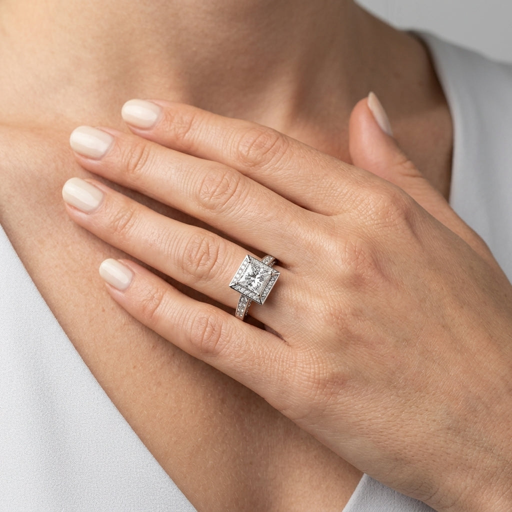 ENGAGEMENT RINGS HALO SQUARE & CUS - worn lifestyle photo