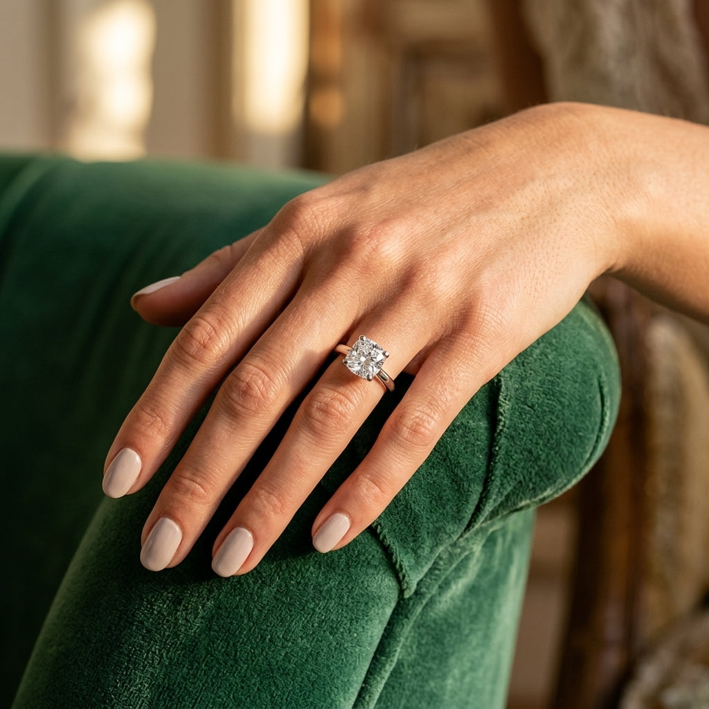 Solitaire Cushion Engagement Ring - worn lifestyle photo