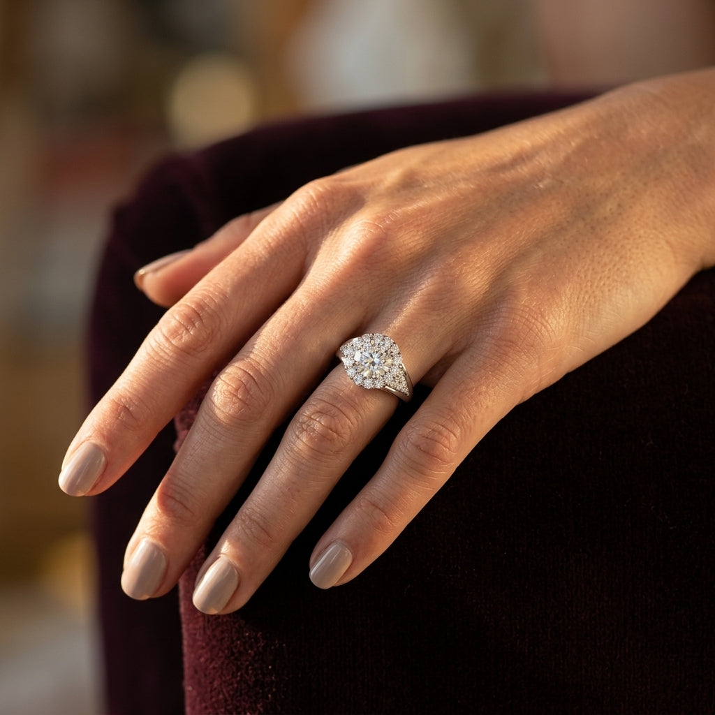 Vintage Round Halo Engagement Ring - worn lifestyle photo