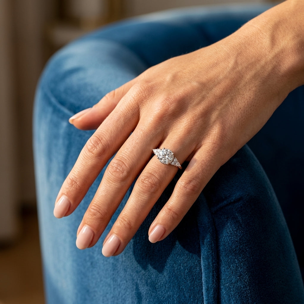 Contemporary Round Engagement Ring - worn lifestyle photo