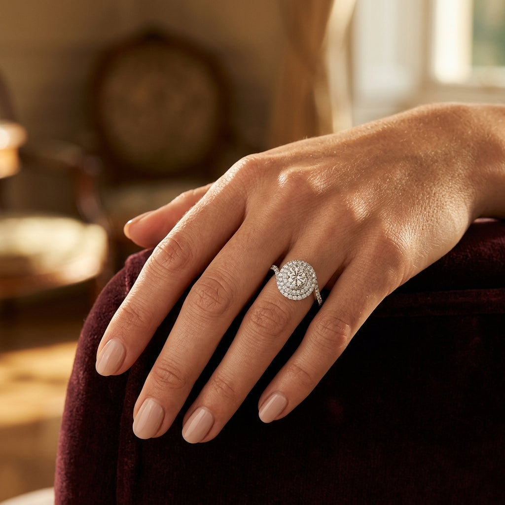 ENGAGEMENT RINGS HALO ROUND - worn lifestyle photo