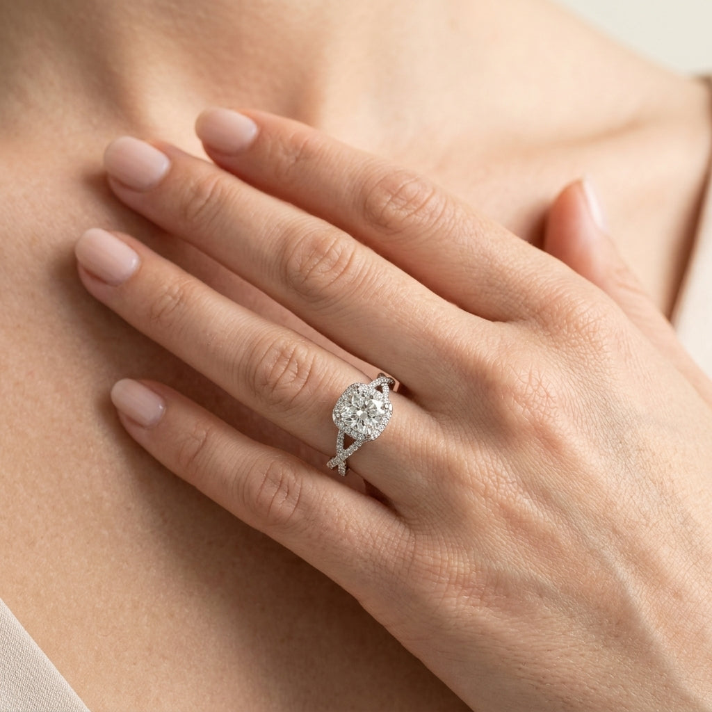 Multirow Twisted Shank Cushion Halo Engagement Ring - worn lifestyle photo