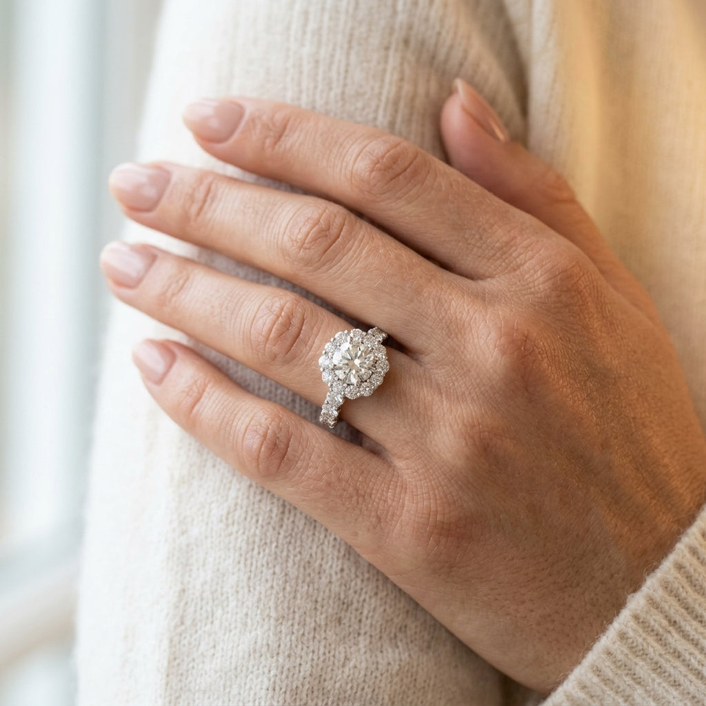Single Row U-Prong Halo Engagement Ring - worn lifestyle photo
