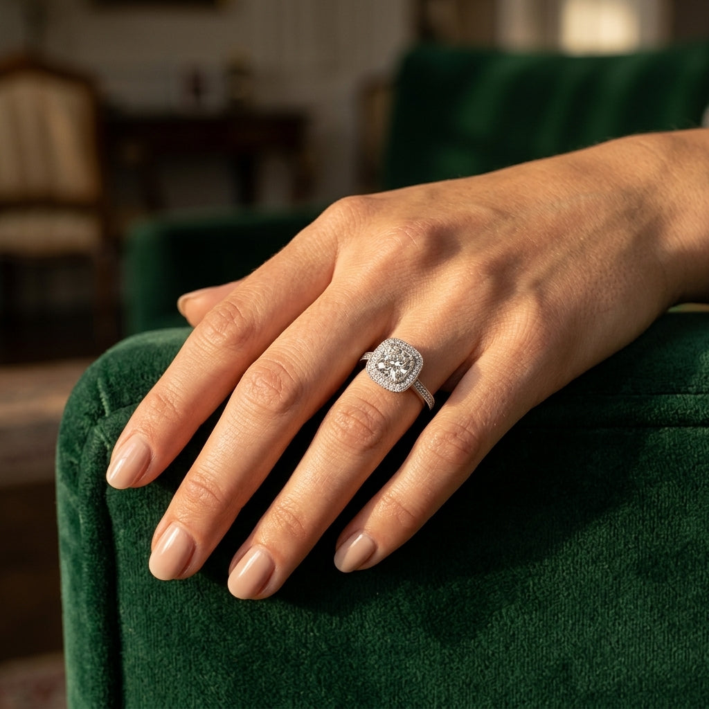 ENGAGEMENT RINGS HALO CUSH - worn lifestyle photo