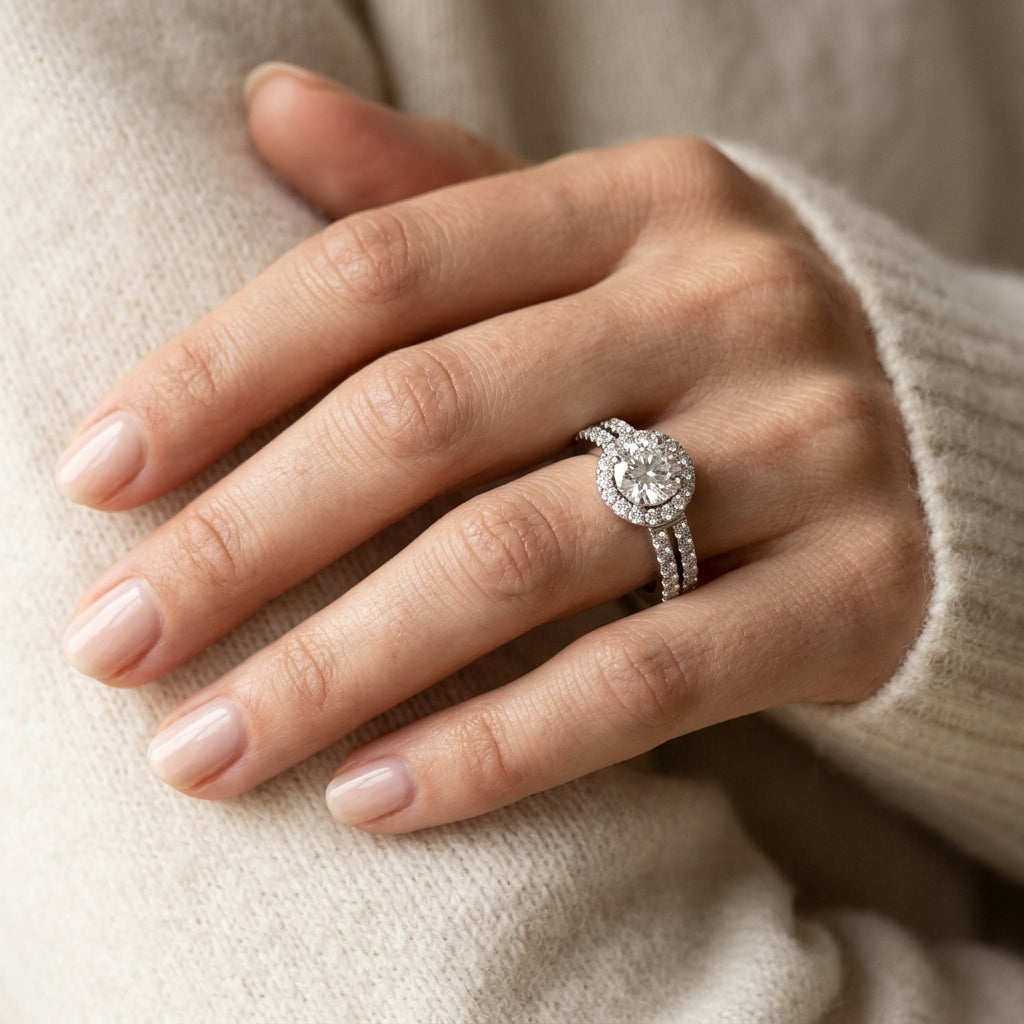ENGAGEMENT RINGS HALO ROUND - worn lifestyle photo