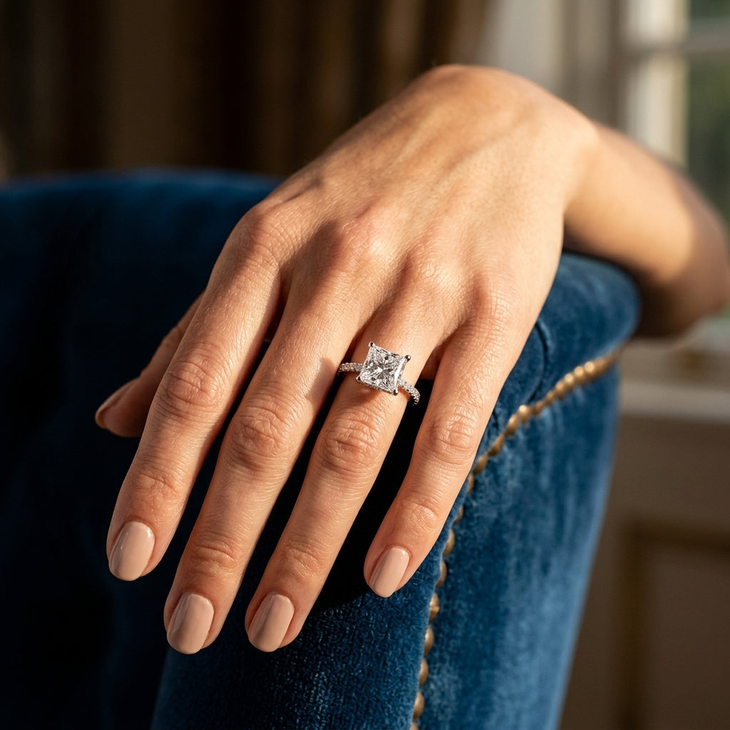 Single Row Hidden Halo Square Engagement Ring - worn lifestyle photo