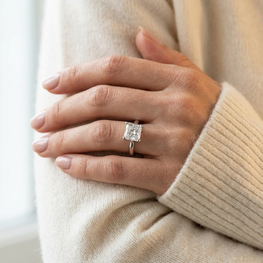 Solitaire Princess Cut Engagement Ring - worn lifestyle photo