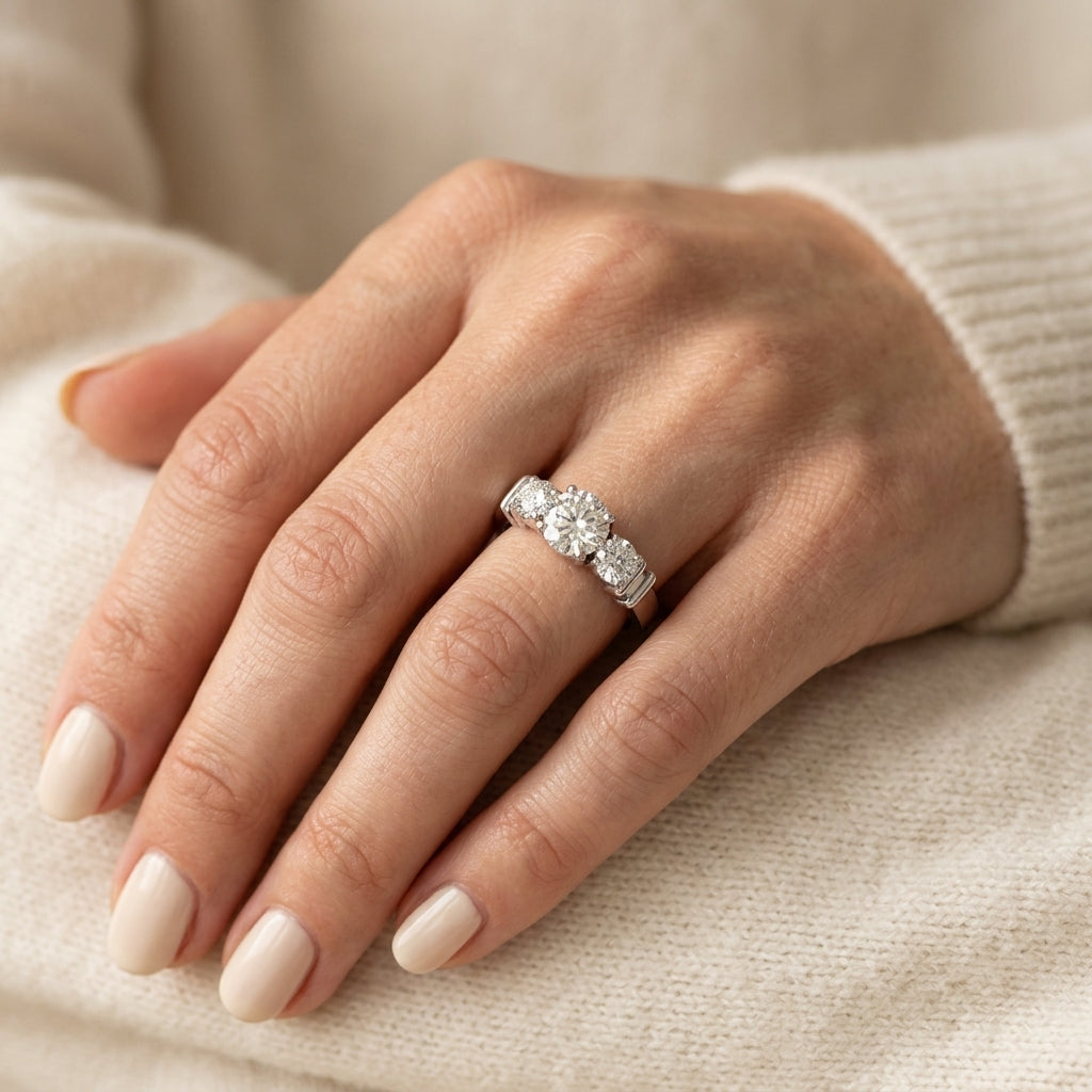 3-Stone Round Engagement Ring - worn lifestyle photo