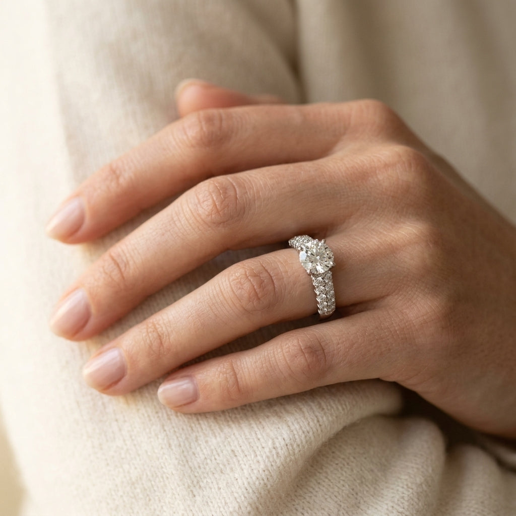 Round Pavé Lab Grown Diamond Engagement Ring - Style 50365 - worn lifestyle photo