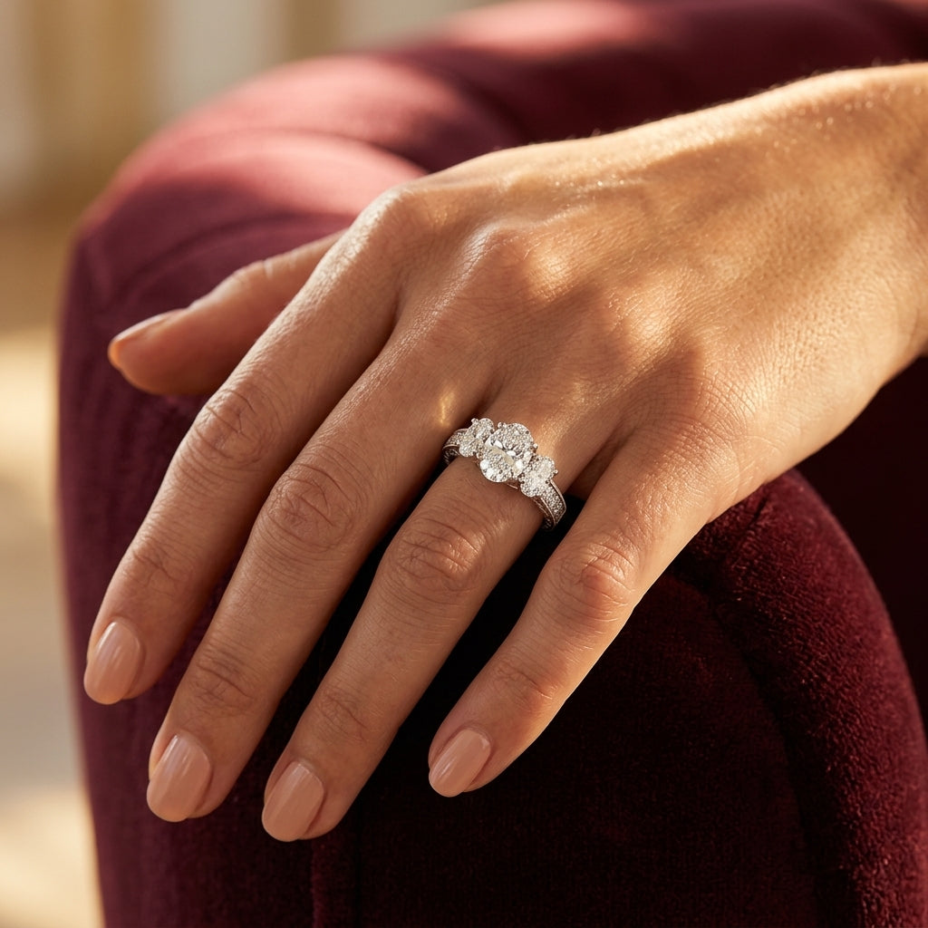 ENGAGEMENT RINGS 3 STONE OVAL - worn lifestyle photo