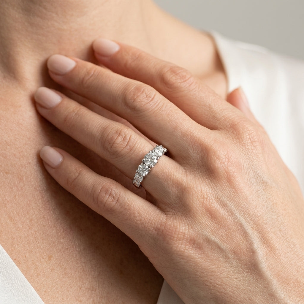 3-Stone Split Prong Trellis Engagement Ring - worn lifestyle photo