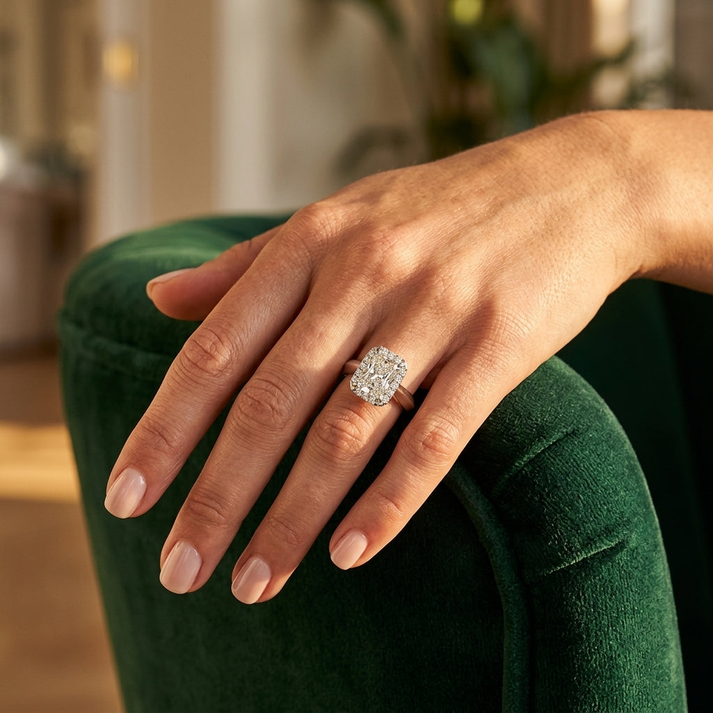 Solitaire Halo Emerald Engagement Ring - worn lifestyle photo