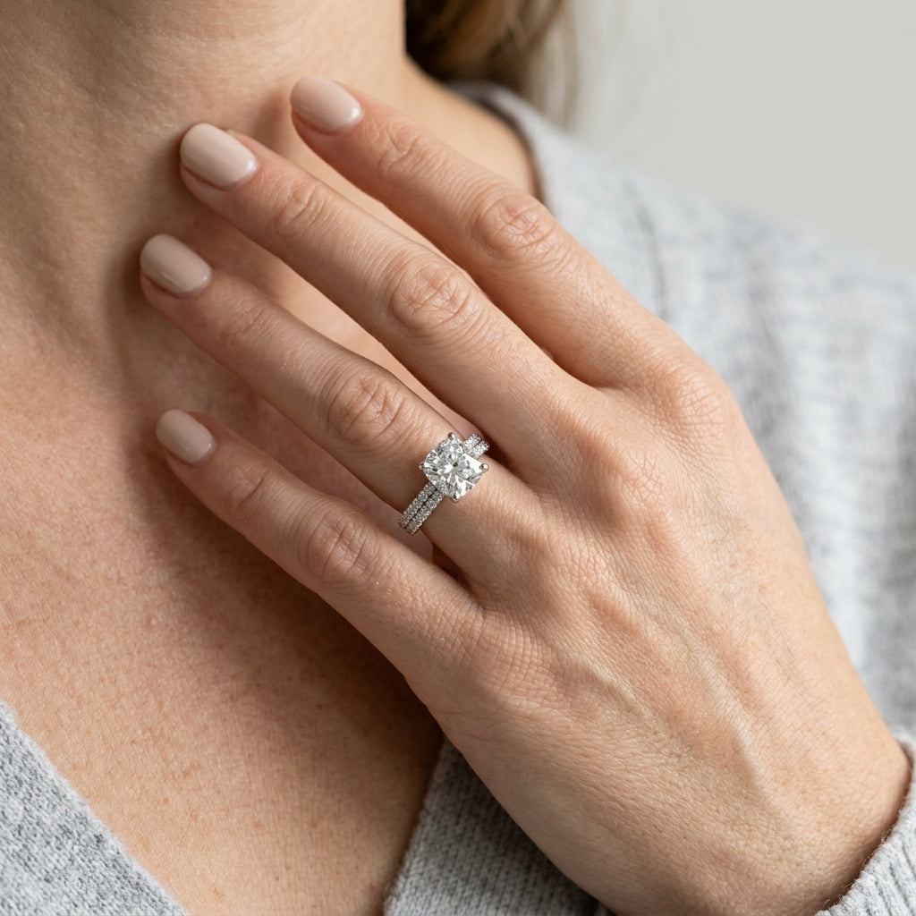 Pavé Set With Cushion Peg-Head Engagement Ring - worn lifestyle photo