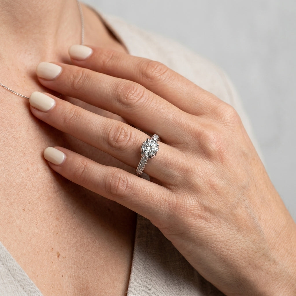 Round Vintage Lab Grown Diamond Engagement Ring - Style 82755 - worn lifestyle photo