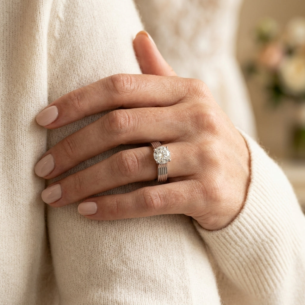 Solitaire Cathedral Engagement Ring - worn lifestyle photo