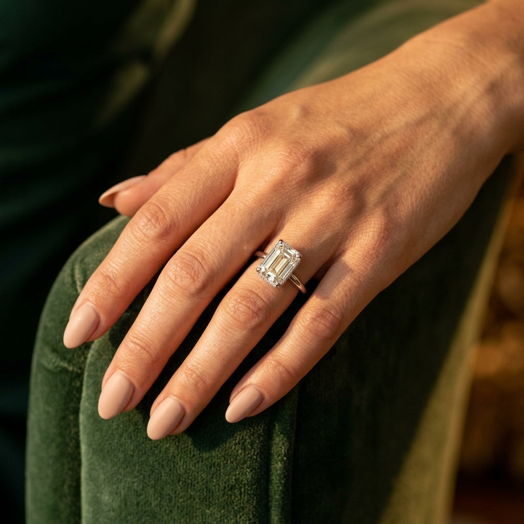 Double Hidden Halo Emerald Cut Engagement Ring - worn lifestyle photo