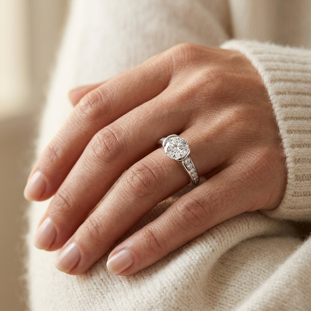 ENGAGEMENT RING ROUND CENTER - worn lifestyle photo