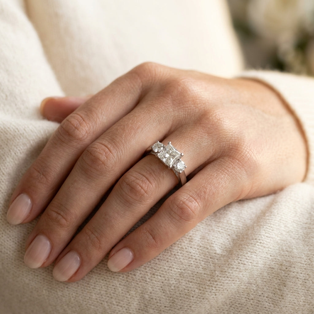 3-Stone Princess Cut Engagement Rings - worn lifestyle photo