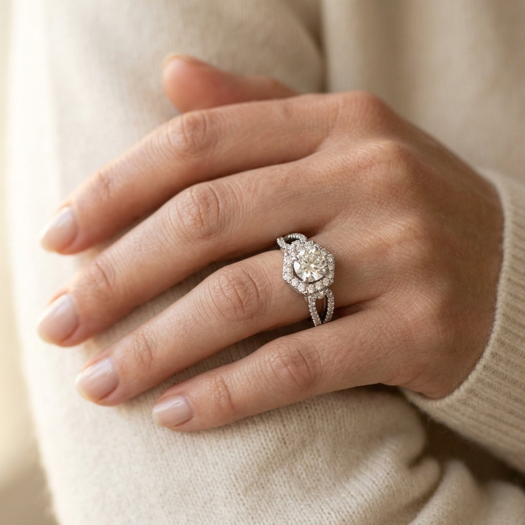 Split Shank Halo Engagement Rings - worn lifestyle photo