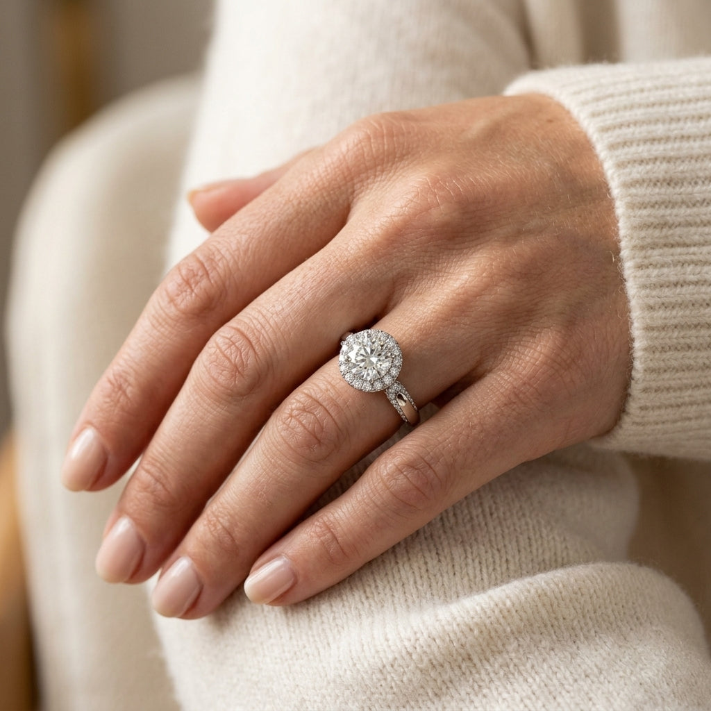 Solitaire Halo Engagement Ring - worn lifestyle photo