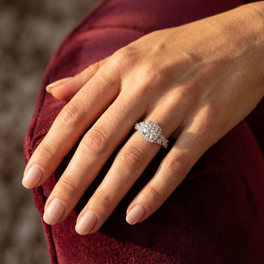 Round Vintage Lab Grown Diamond Engagement Ring - Style 51001 - worn lifestyle photo