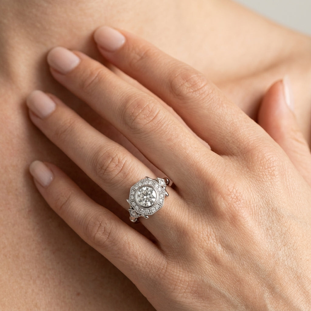 Round Lab Grown Diamond Engagement Ring - Style 85253 - worn lifestyle photo