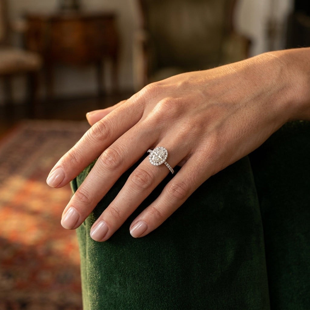 Single Row Oval Shape Engagement Ring - worn lifestyle photo