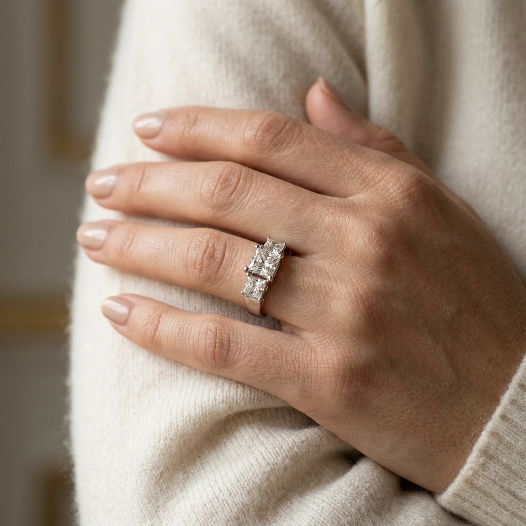 ENGAGEMENT RINGS 3 STONE PRINCESS - worn lifestyle photo