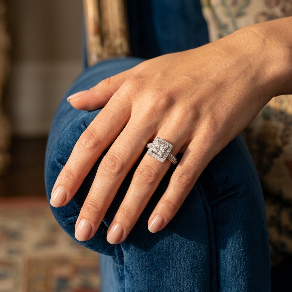 ENGAGEMENT RINGS HALO SQUARE & CUS - worn lifestyle photo