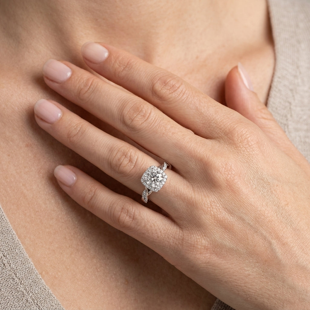 Twisted Shank Halo Engagement Rings - worn lifestyle photo