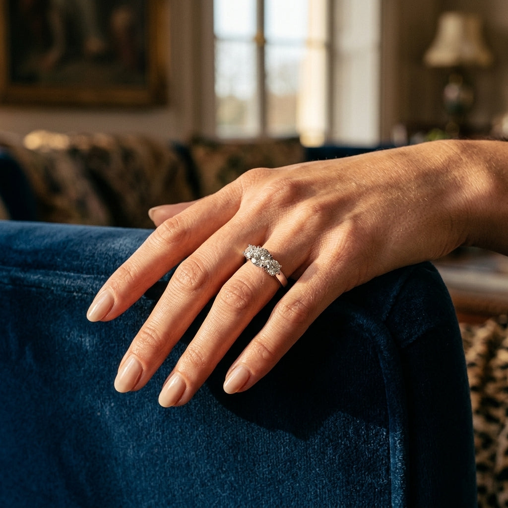 3-Stone Round Trellis Engagement Ring - worn lifestyle photo