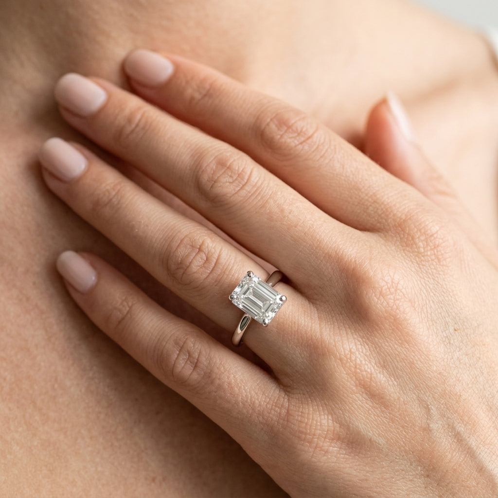 Solitaire Emerald Cut Engagement Ring - worn lifestyle photo