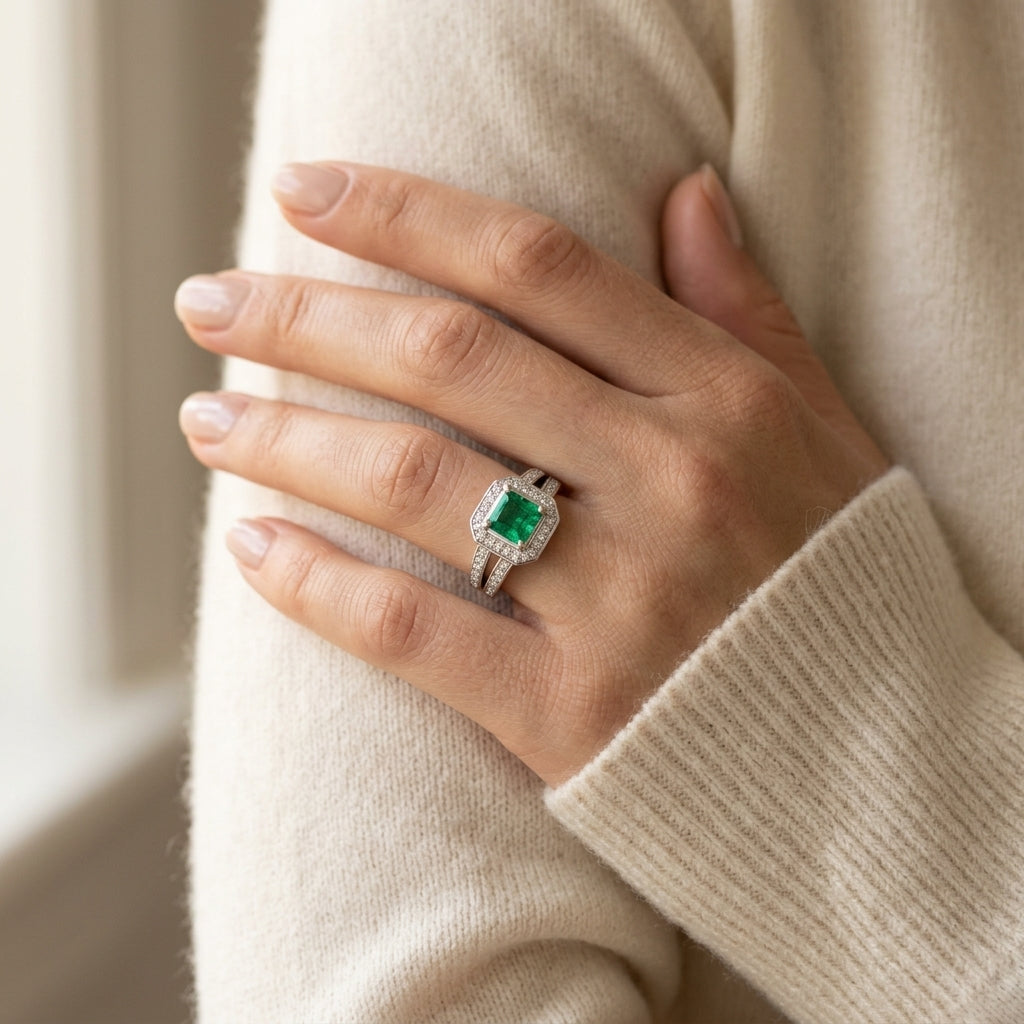 Double Row Prong In Channel Halo Color Ring - worn lifestyle photo