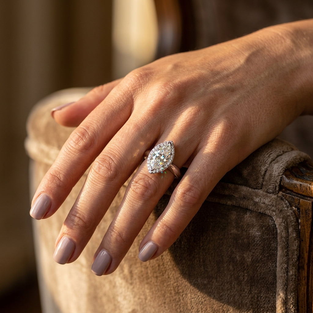 Marquise Shape Solitaire Halo Engagement Ring - worn lifestyle photo