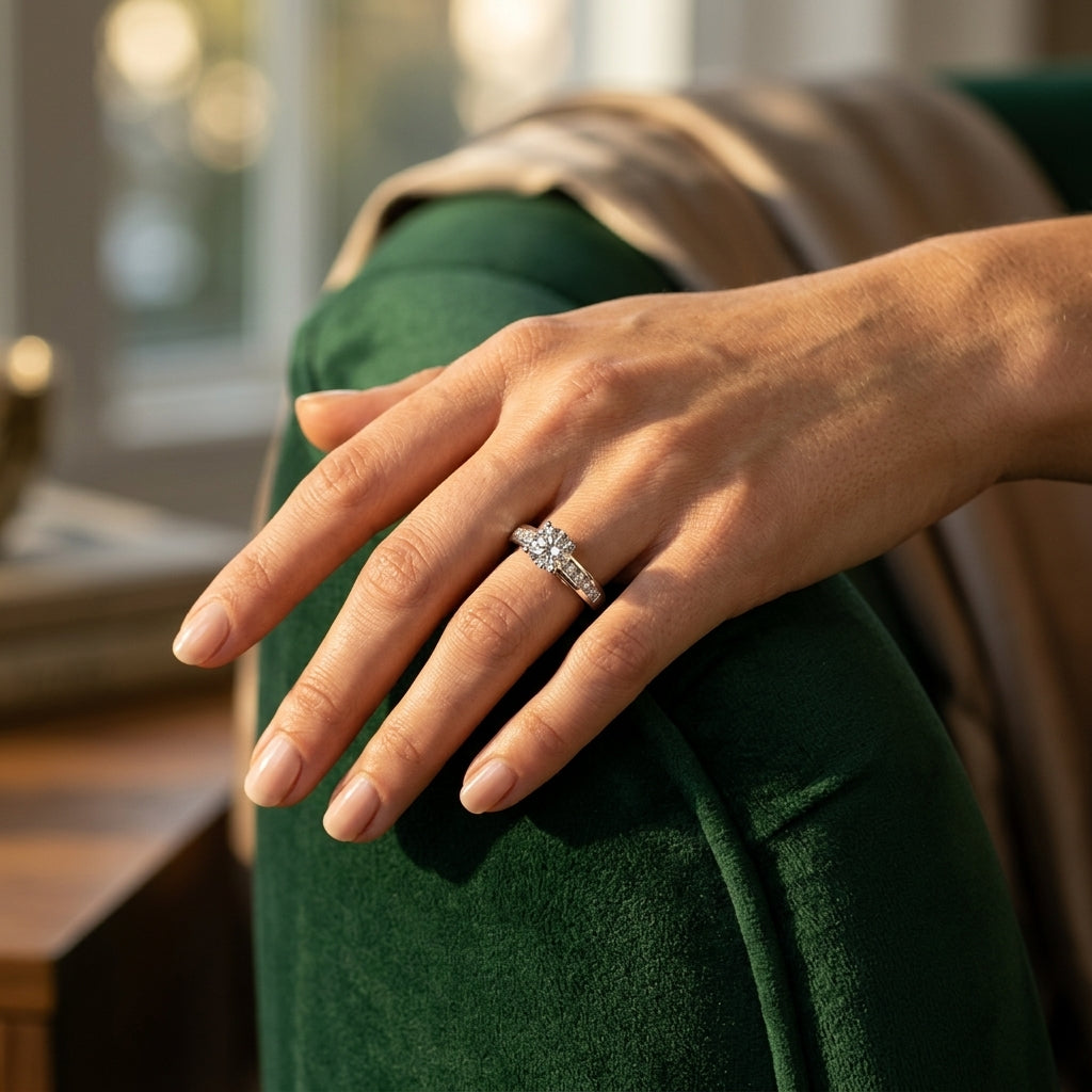 Single Row Channel Set Trellis Engagement Ring - worn lifestyle photo