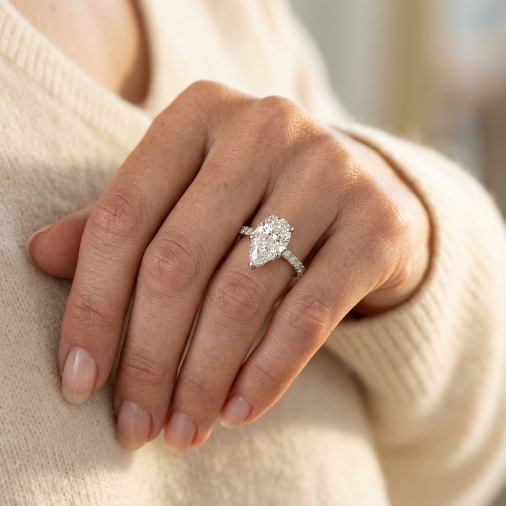 Floral Pear Engagement Ring - worn lifestyle photo