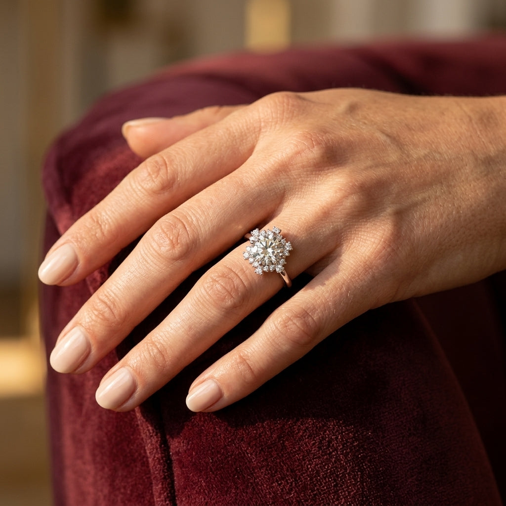 Solitaire Halo Engagement Ring - worn lifestyle photo