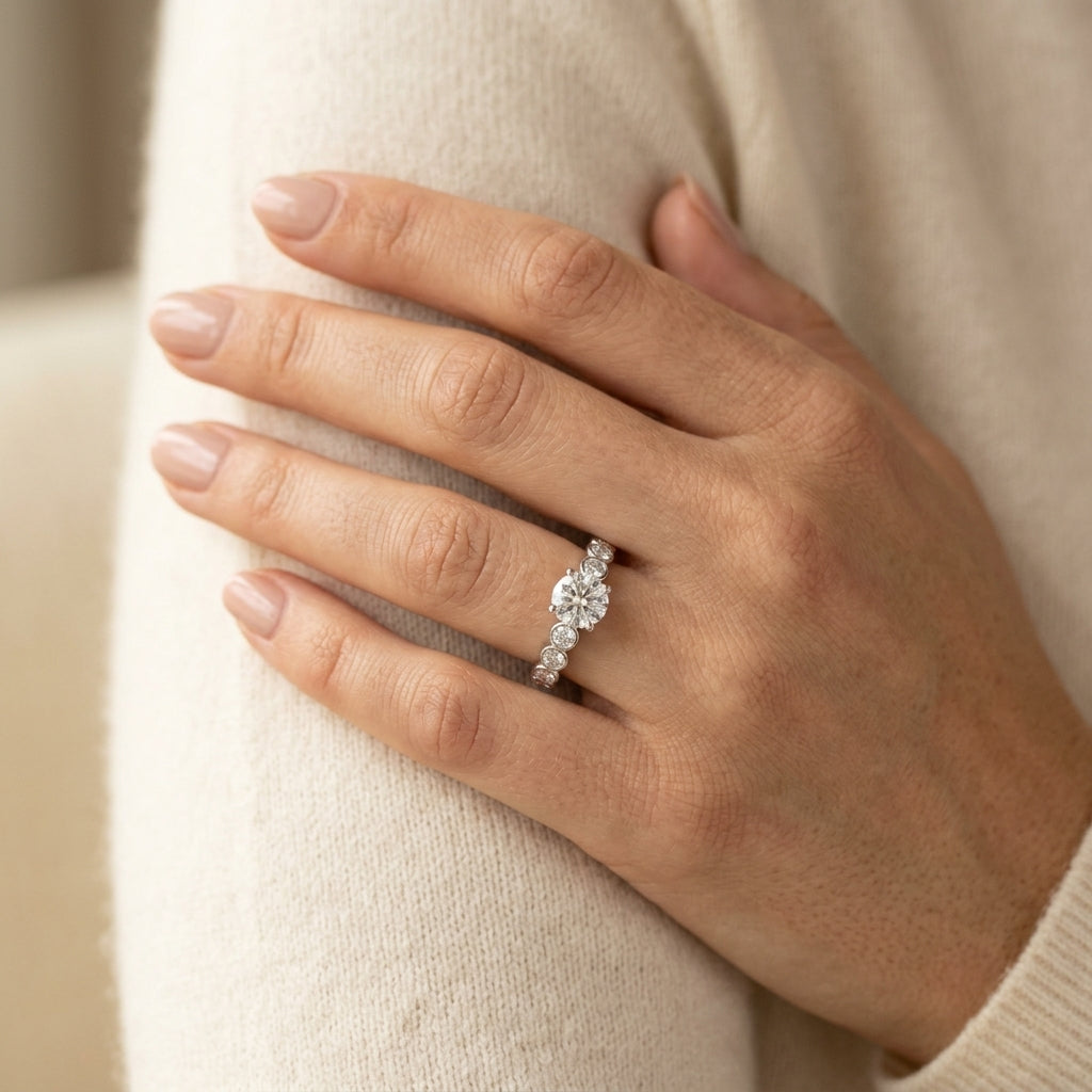 Single Row Bezel Set Engagement Ring - worn lifestyle photo
