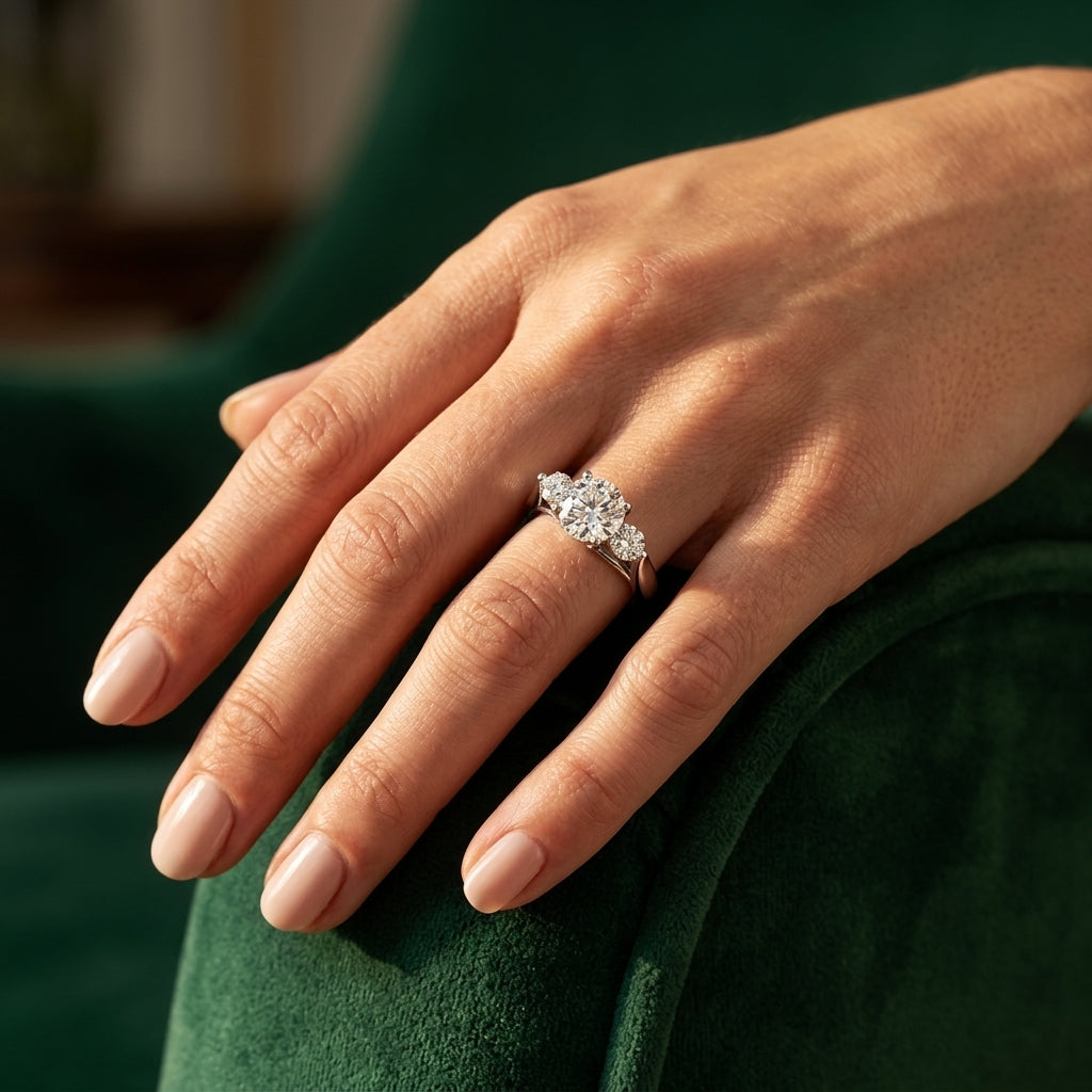 3-Stone Trellis Engagement Ring - worn lifestyle photo