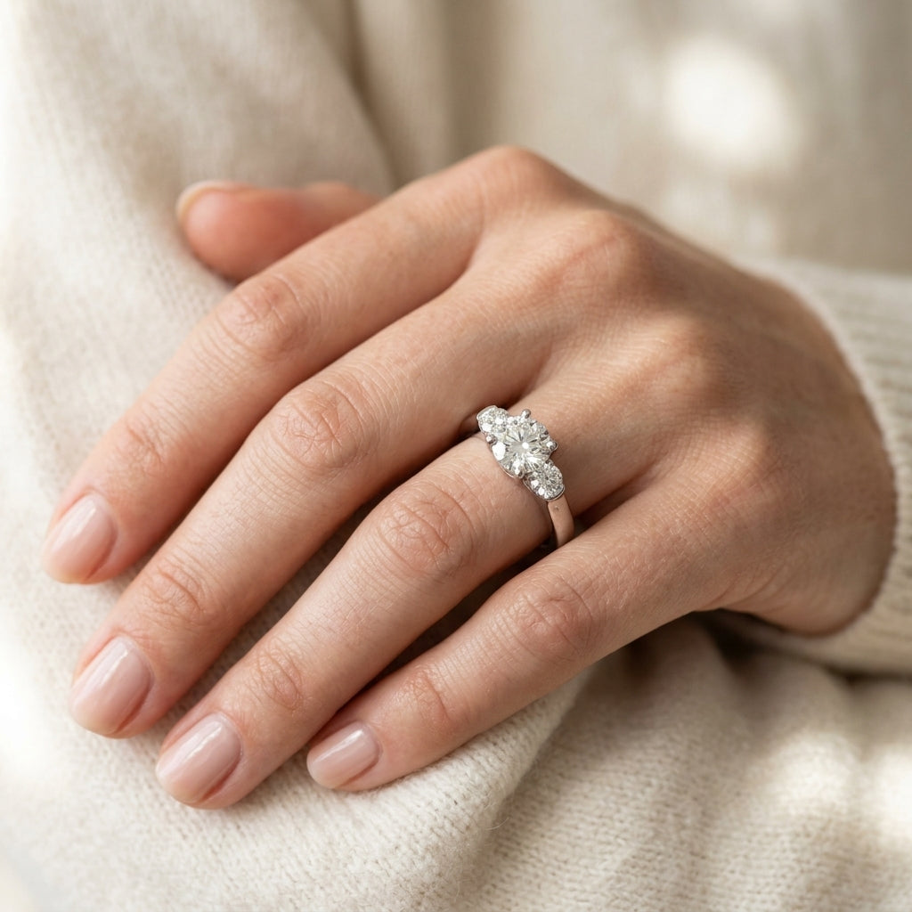 3-Stone Round Trellis Engagement Ring - worn lifestyle photo